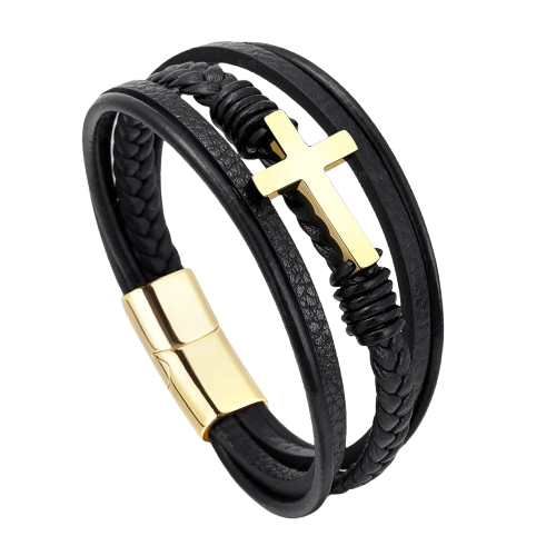 Men’s Black Leather Bracelet with Silver Cross – Multi-Layer Design