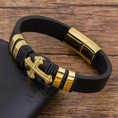 Trendy Charm Braided Rope Layered Magnetic Black Leather Cross Bracelet Men Bangles Jewelry Accessoris