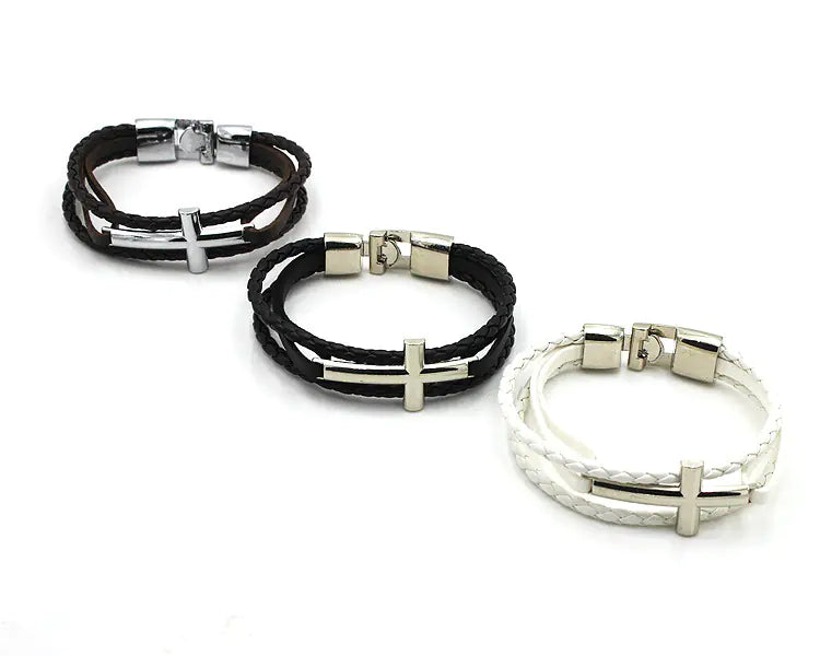 Men's Leather Bracelet with Cross Silver Buckle