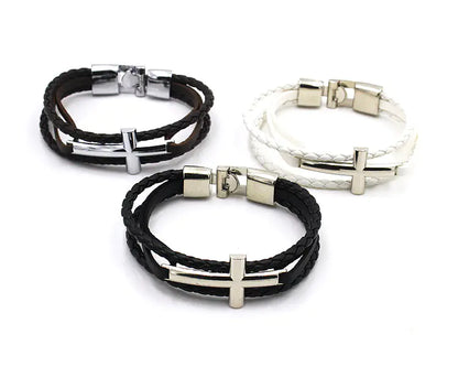 Men's Leather Bracelet with Cross Silver Buckle